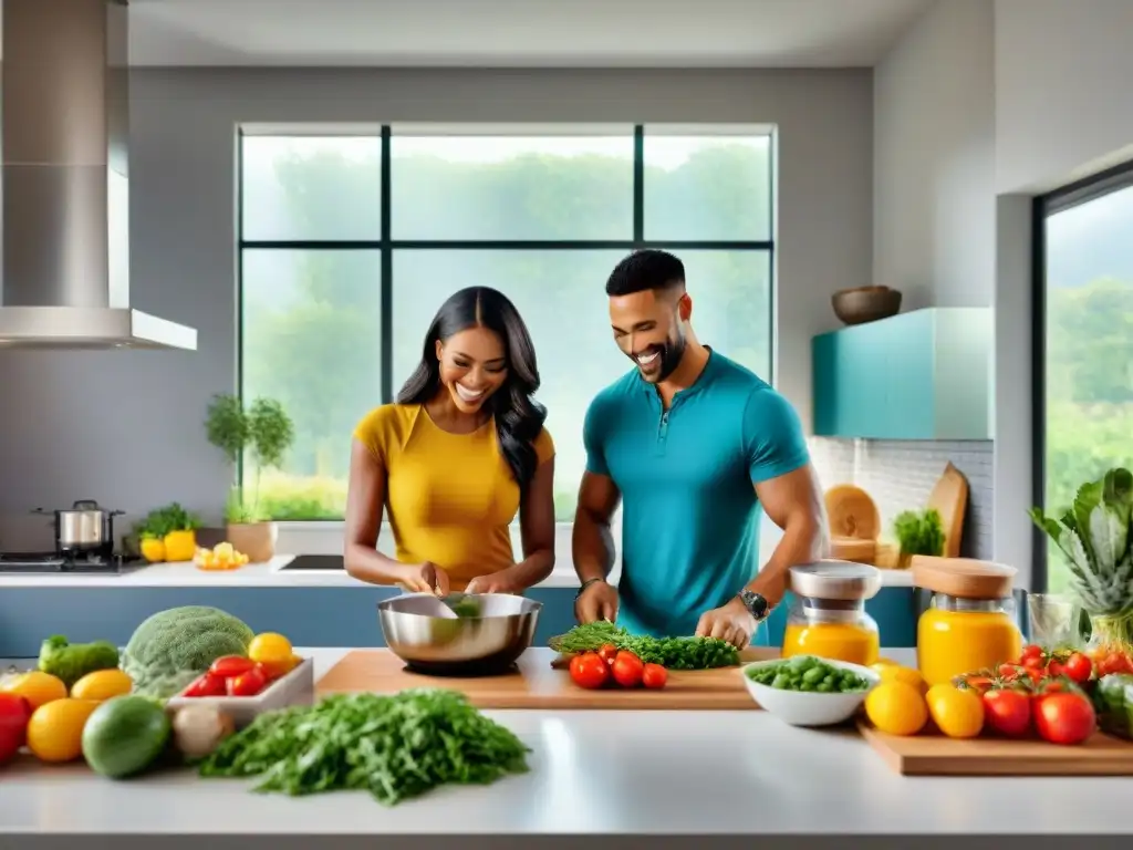 Un grupo diverso de personas sonrientes preparando comidas sin gluten juntos en una cocina moderna y soleada, transmitiendo alegría y comunidad en la planificación de comidas sin gluten personalizada