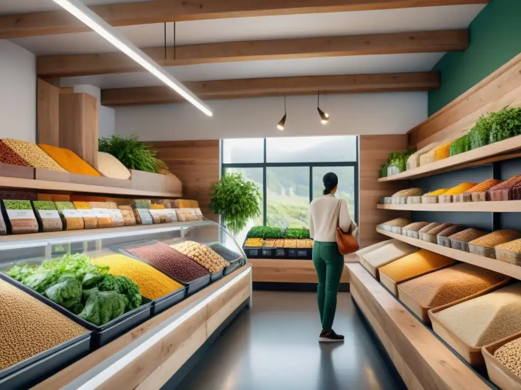 Un grupo diverso de personas sonrientes comprando juntas en una tienda a granel vibrante, ecoamigable y llena de productos sin gluten