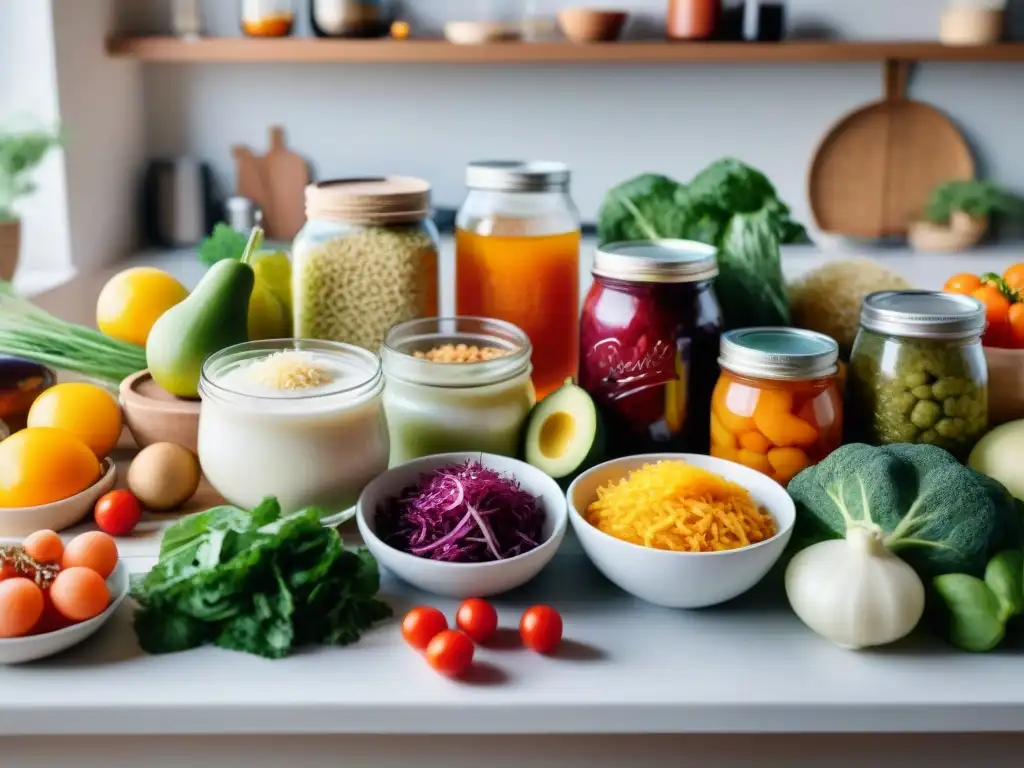 Un grupo diverso de personas sonrientes disfrutan de probióticos sin gluten en una mesa colorida