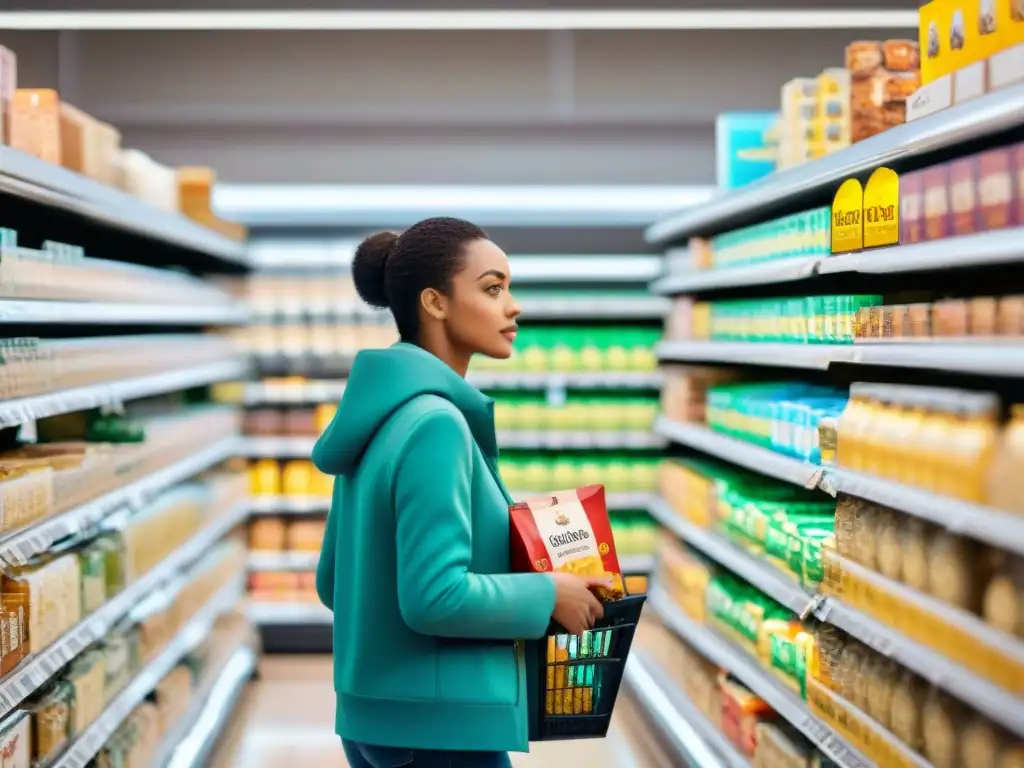 Grupo diverso de personas comprando en supermercado lleno de productos sin gluten, resaltando la importancia del etiquetado