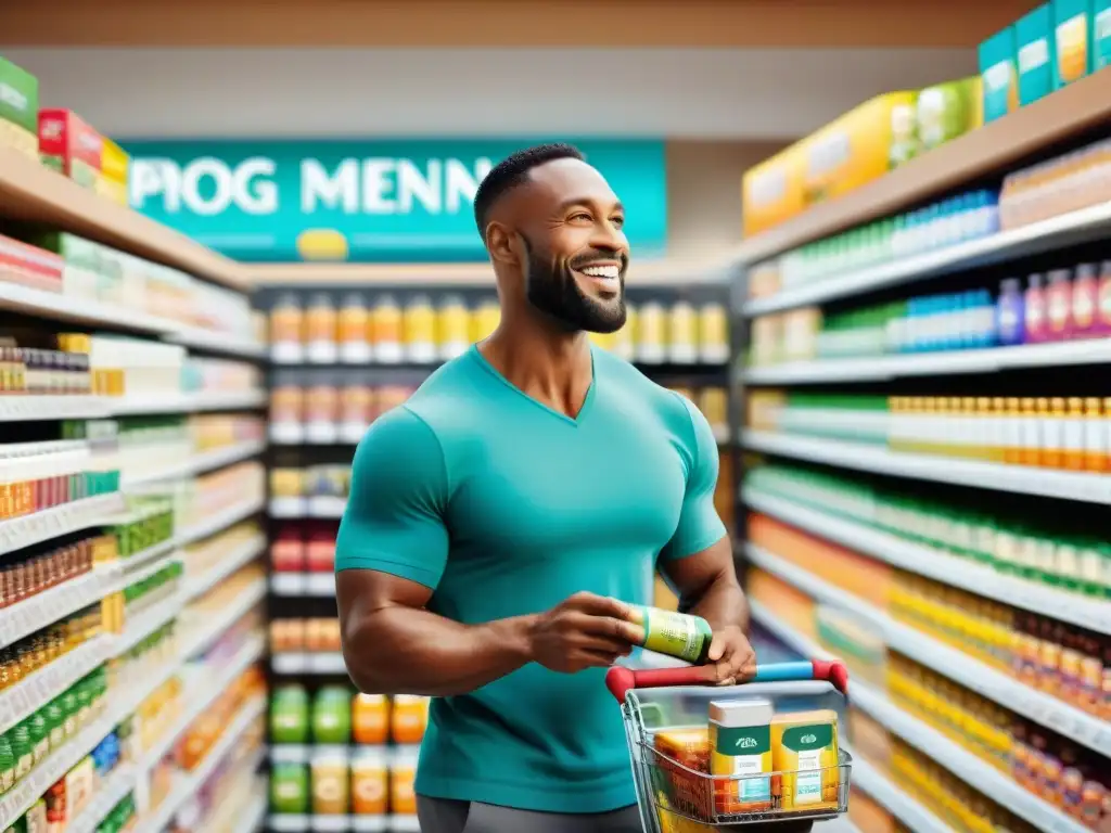 Un grupo diverso de personas elige suplementos para dieta sin gluten en una tienda de alimentos saludables vibrante y colorida