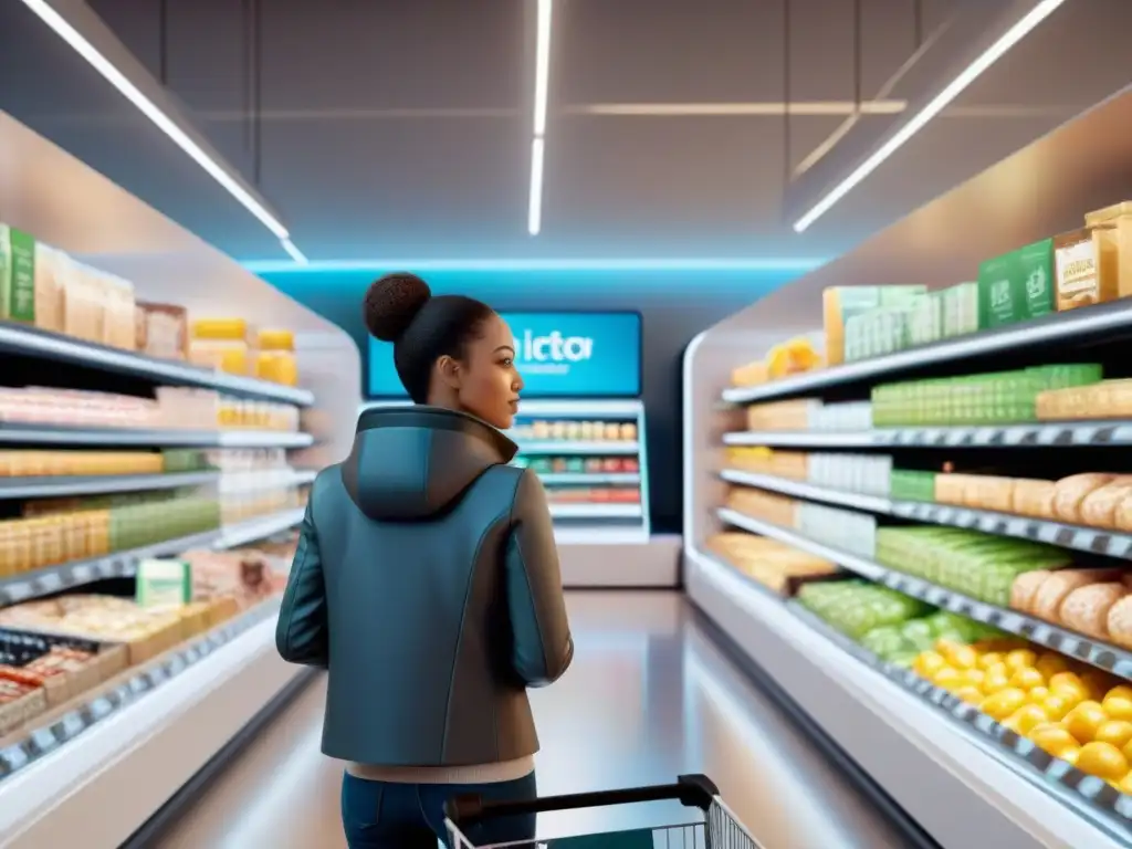 Grupo diverso de personas comprando en tienda online de alimentos sin gluten con tecnología avanzada y diseño futurista