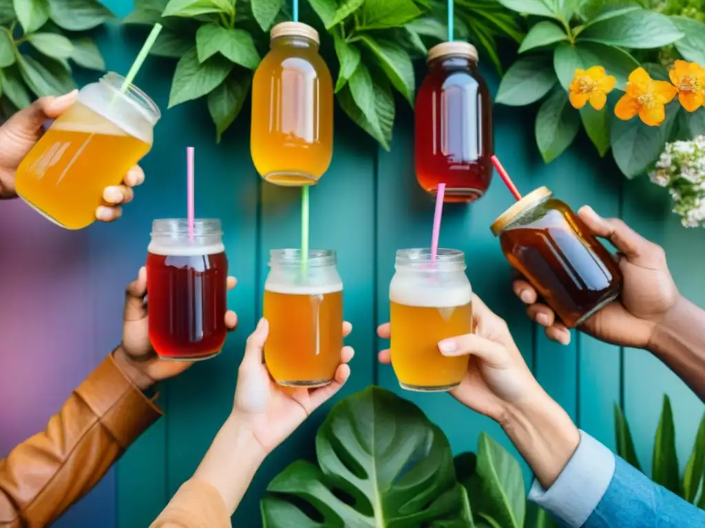 Un grupo diverso de personas disfrutando de variedades de kombucha sin gluten, rodeados de naturaleza exuberante