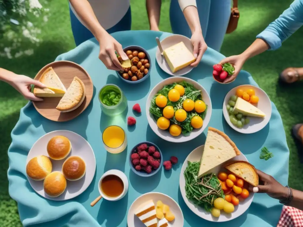 Un grupo diverso disfruta de un picnic al aire libre con productos sin gluten y alergias