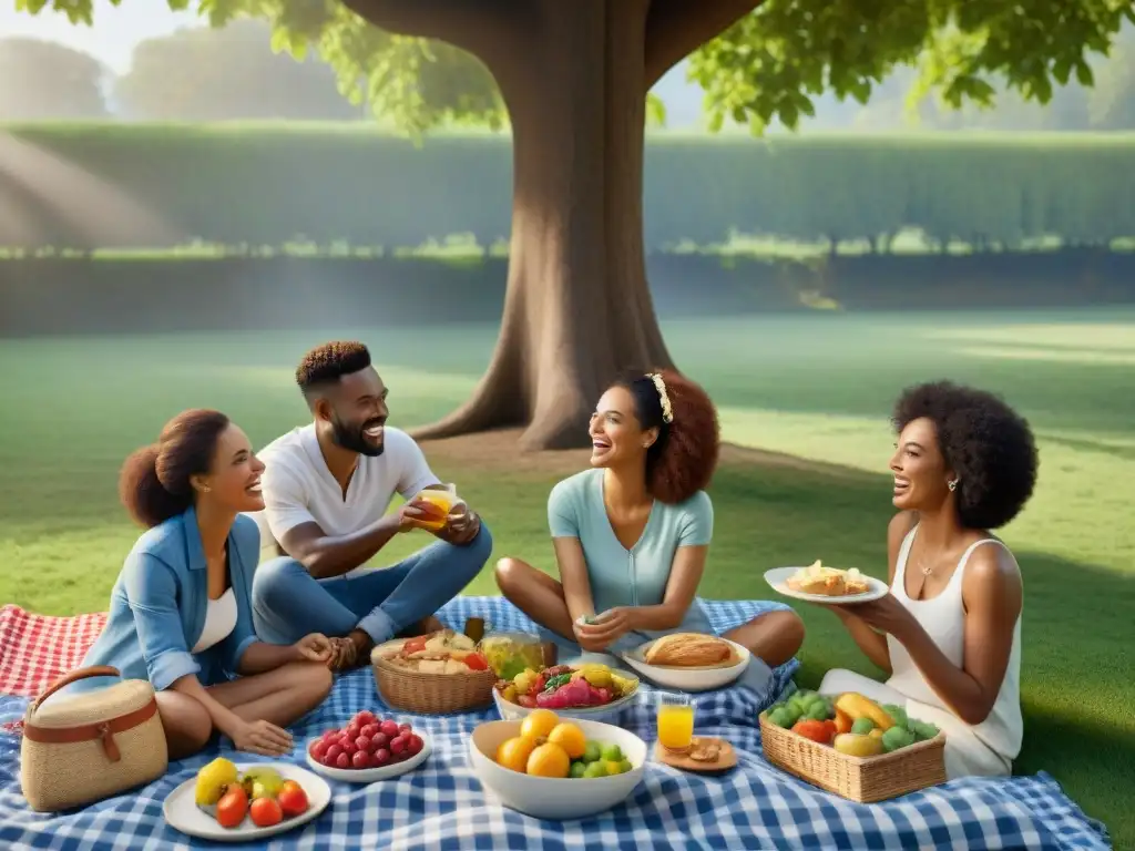 Grupo diverso disfrutando un picnic al aire libre con comida sin gluten, creando una atmósfera cálida y alegre