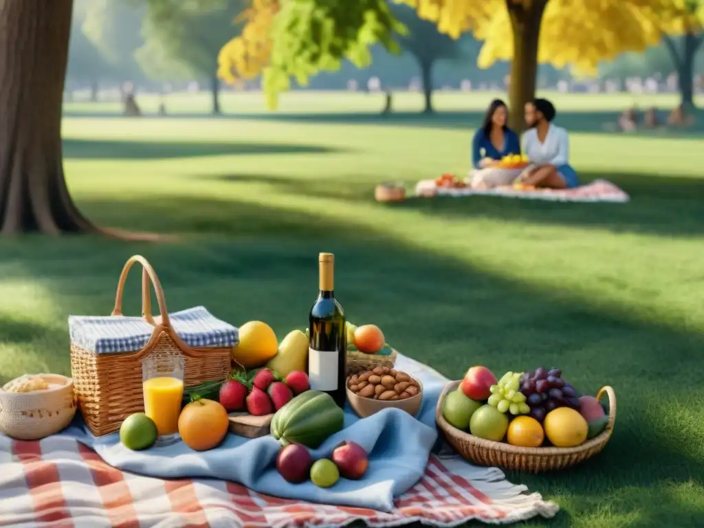 Un grupo diverso disfruta de un picnic con alimentos saludables en un parque soleado