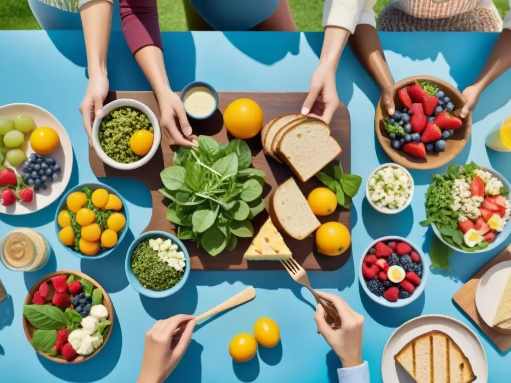 Grupo diverso disfruta picnic con alimentos orgánicos sin gluten de marcas populares en día soleado y vibrante