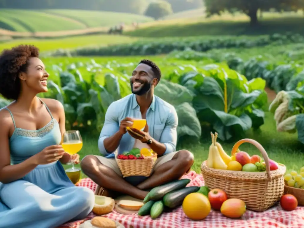 Un grupo diverso disfruta de un picnic en un campo verde con productos orgánicos sin gluten beneficios, creando una atmósfera alegre y vibrante