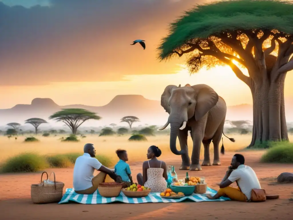 Un grupo diverso disfruta de un picnic sin gluten bajo un baobab en la sabana africana, junto a elefantes y jirafas al atardecer