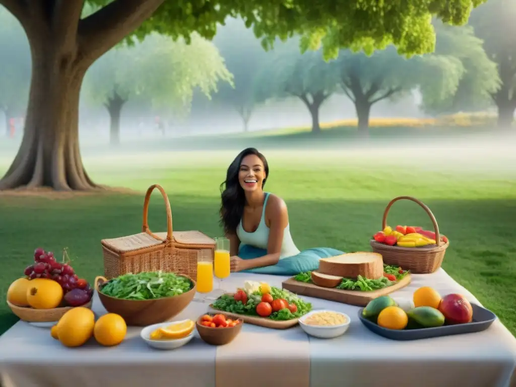 Grupo diverso disfruta picnic sin gluten en parque, reflejando tendencias alimentación sin gluten