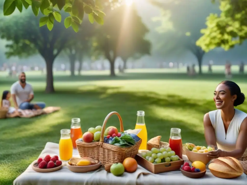 Un grupo diverso disfruta de un picnic en el parque, resaltando los beneficios de la dieta sin gluten en la microbiota