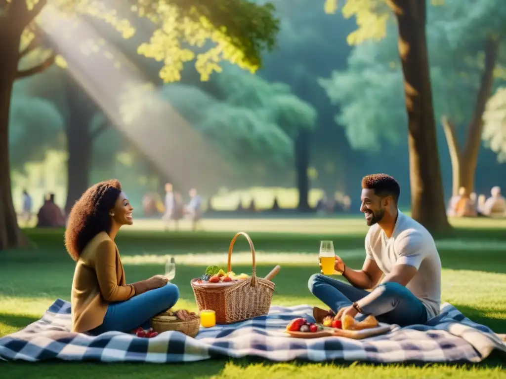 Un grupo diverso disfruta de un picnic en un parque verde, con platos deliciosos sin gluten