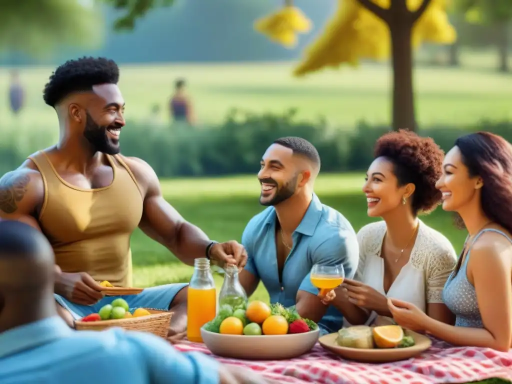 Un grupo diverso disfruta de un picnic con platos sin gluten en un parque soleado