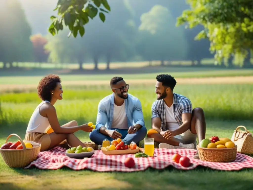 Un grupo diverso disfruta de un picnic saludable en un campo soleado, resaltando la importancia de dieta sin gluten