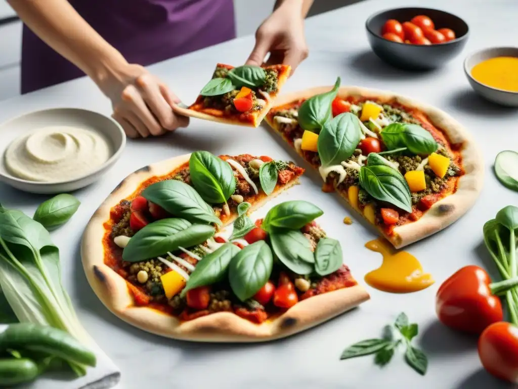 Grupo diverso preparando pizzas veganas sin gluten con alegría en cocina moderna y luminosa