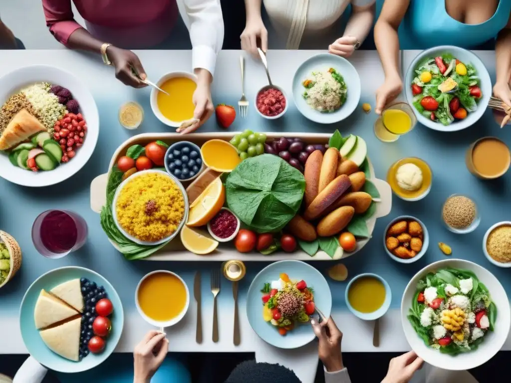 Grupo diverso disfruta de platos sin gluten en mesa colorida