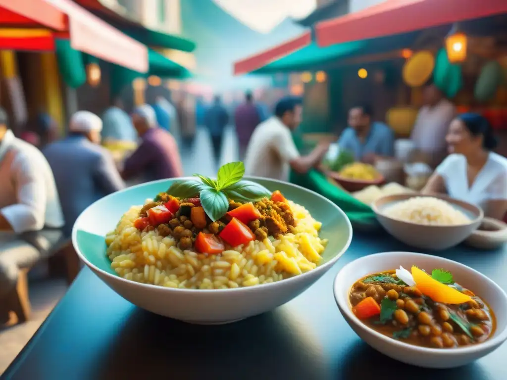 Grupo diverso disfruta de platos sin gluten de distintos países en un mercado bullicioso