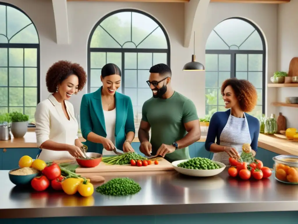 Un grupo diverso preparando platos sin gluten en una cocina acogedora