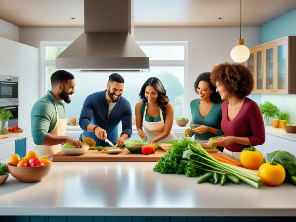 Un grupo diverso disfruta preparando platos sin gluten juntos en una cocina acogedora y llena de colores