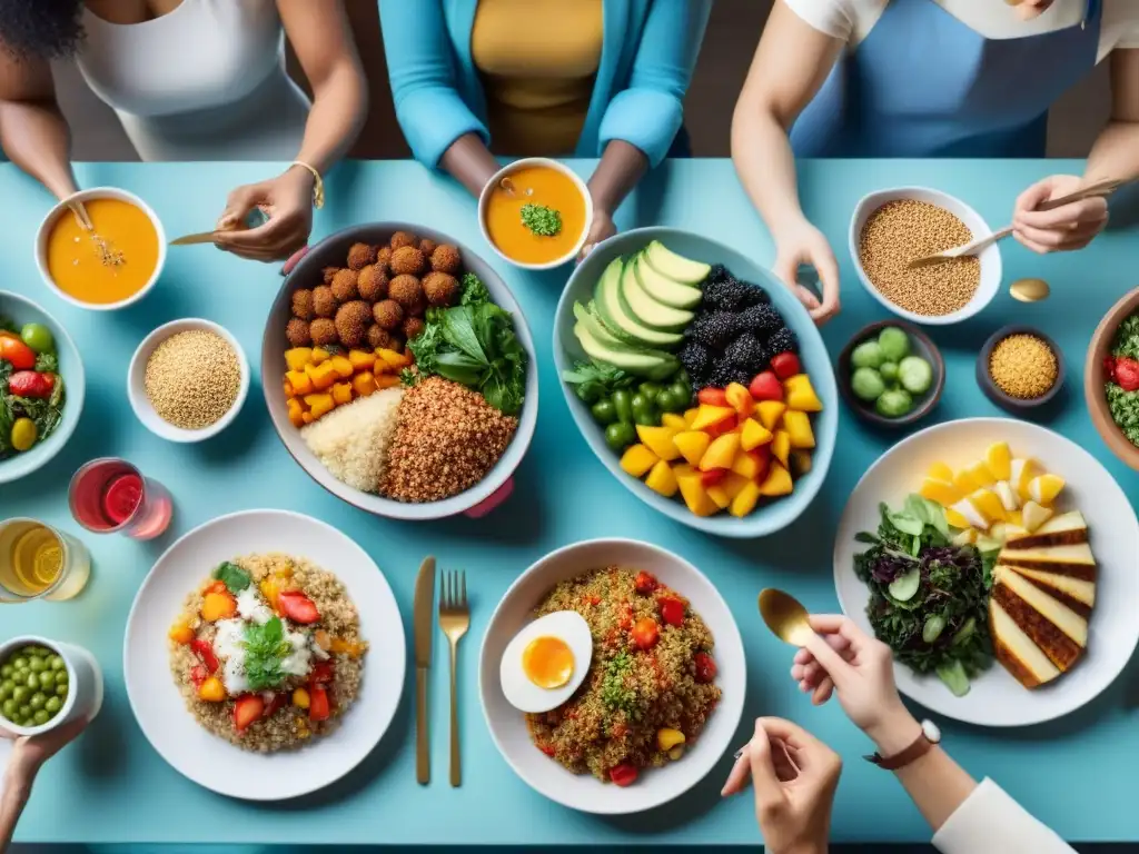 Un grupo diverso disfruta platos sin gluten en una mesa vibrante