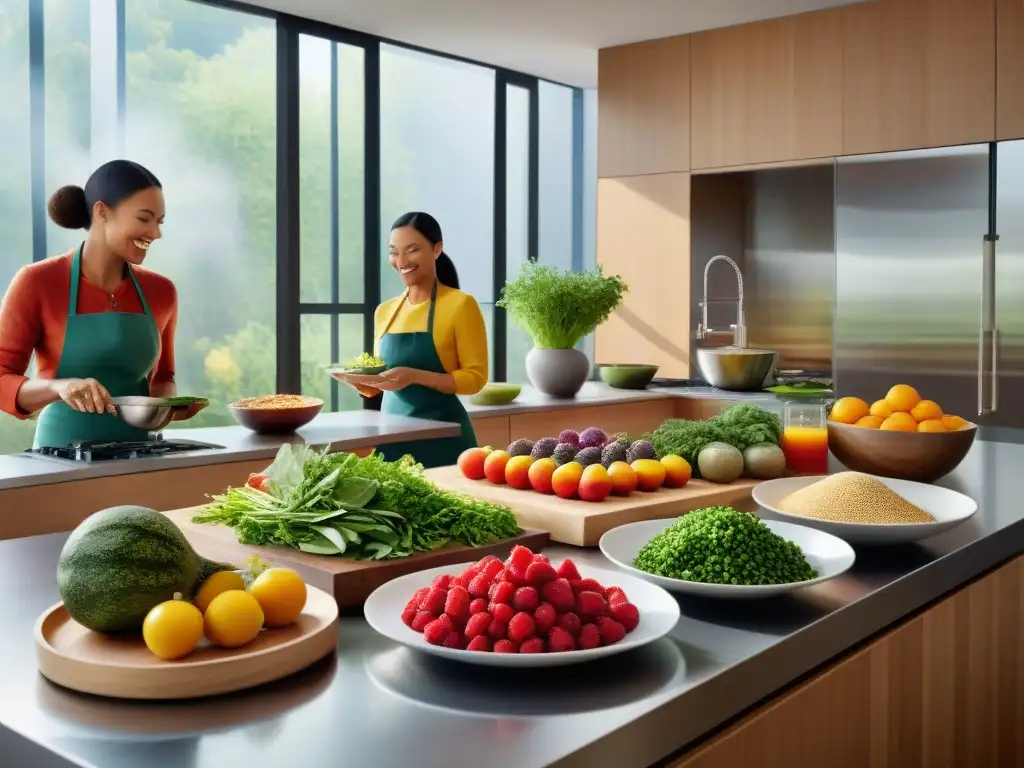 Cocina sostenible: diversidad preparando platos glutenfree Un grupo diverso prepara platos sin gluten en una cocina moderna y sostenible