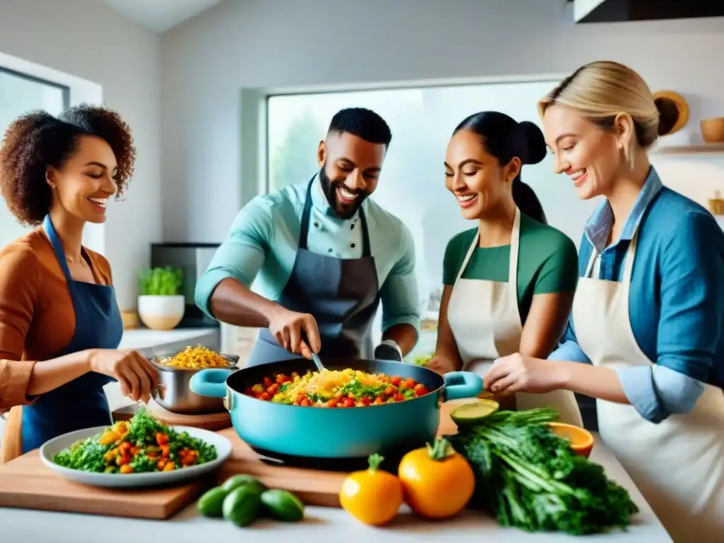 Un grupo diverso disfruta cocinar platos innovadores sin gluten en una cocina moderna y luminosa, resaltando los beneficios de dieta sin gluten