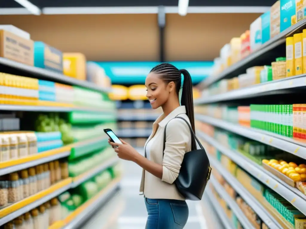 Grupo diverso disfruta escaneando productos sin gluten con apps en supermercado moderno