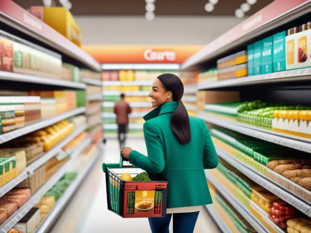 Un grupo diverso selecciona productos sin gluten en una tienda moderna, compartiendo consejos y recomendaciones