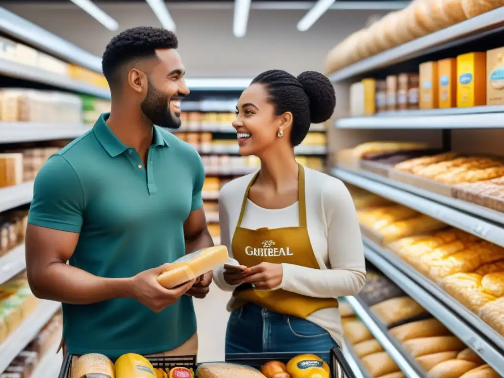 Compra feliz de productos sin gluten en tienda económica Grupo diverso disfruta comprando productos sin gluten en tienda económica, mostrando impacto económico dieta sin gluten