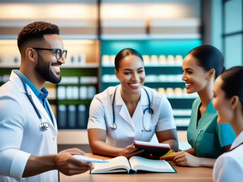 Un grupo diverso de profesionales de la salud sonrientes discuten un plan de dieta sin gluten en una clínica moderna