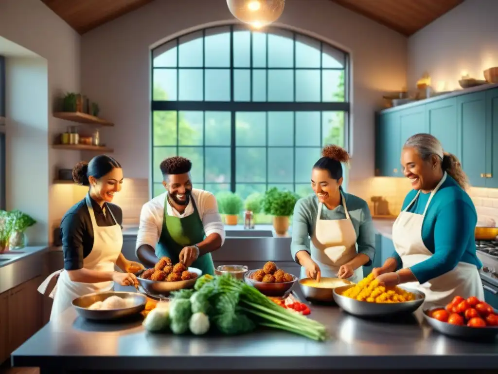 Grupo diverso preparando receta albóndigas sin gluten en cocina vibrante y acogedora