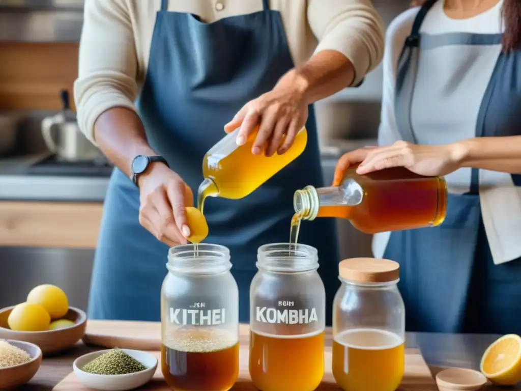 Grupo diverso preparando receta kombucha sin gluten personalizada en cocina, colaborando juntos