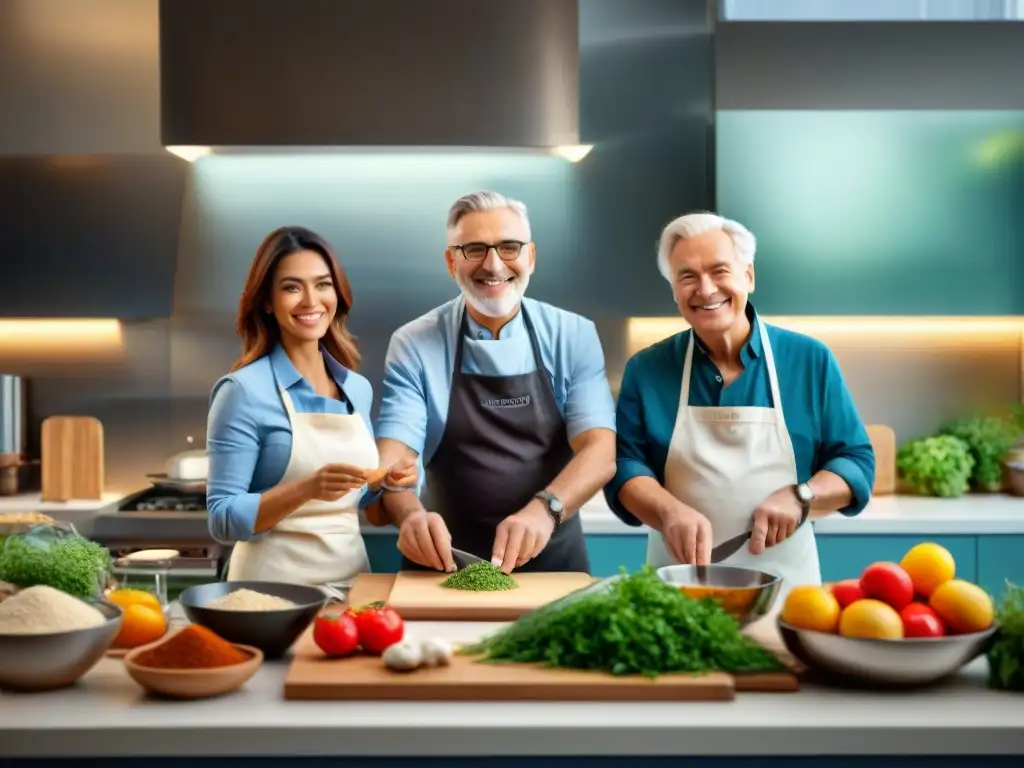 Un grupo diverso prepara recetas sin gluten fáciles en una clase de cocina alegre y creativa