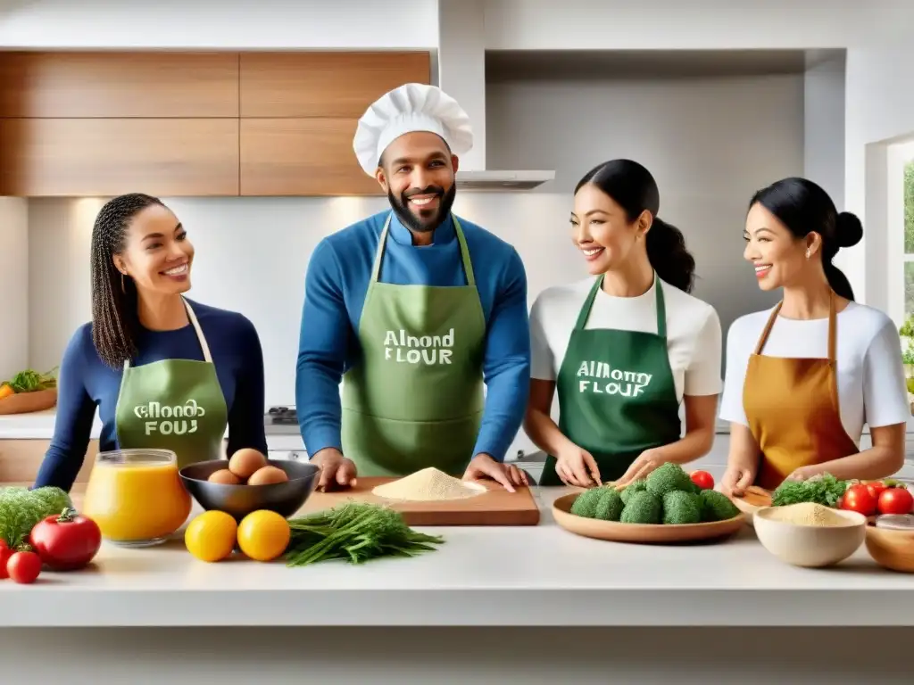 Grupo diverso preparando recetas sin gluten en cocina moderna