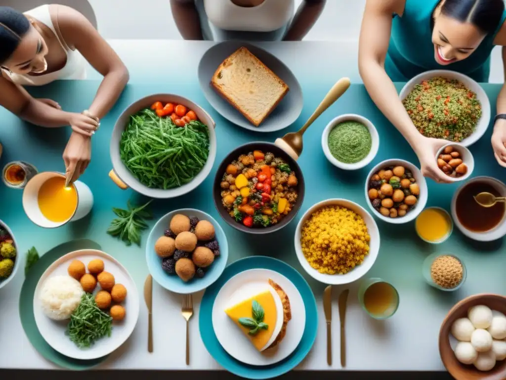 Grupo diverso disfrutando de recetas sin gluten para alergias en mesa festiva