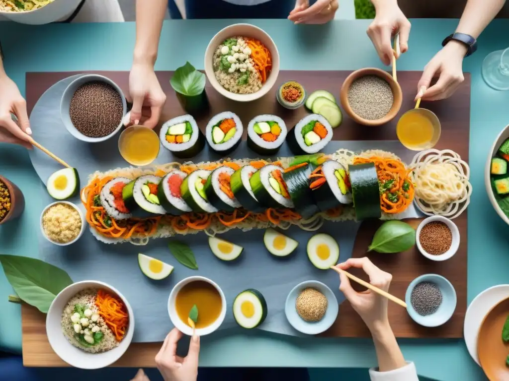 Grupo diverso disfruta de recetas sin gluten innovadoras en mesa colorida, transmitiendo inclusividad y alegría