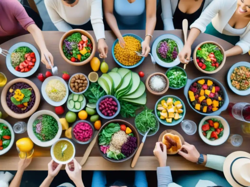 Un grupo diverso disfruta de recetas sin gluten fáciles innovadoras en una mesa comunitaria, creando un ambiente de alegría y unión