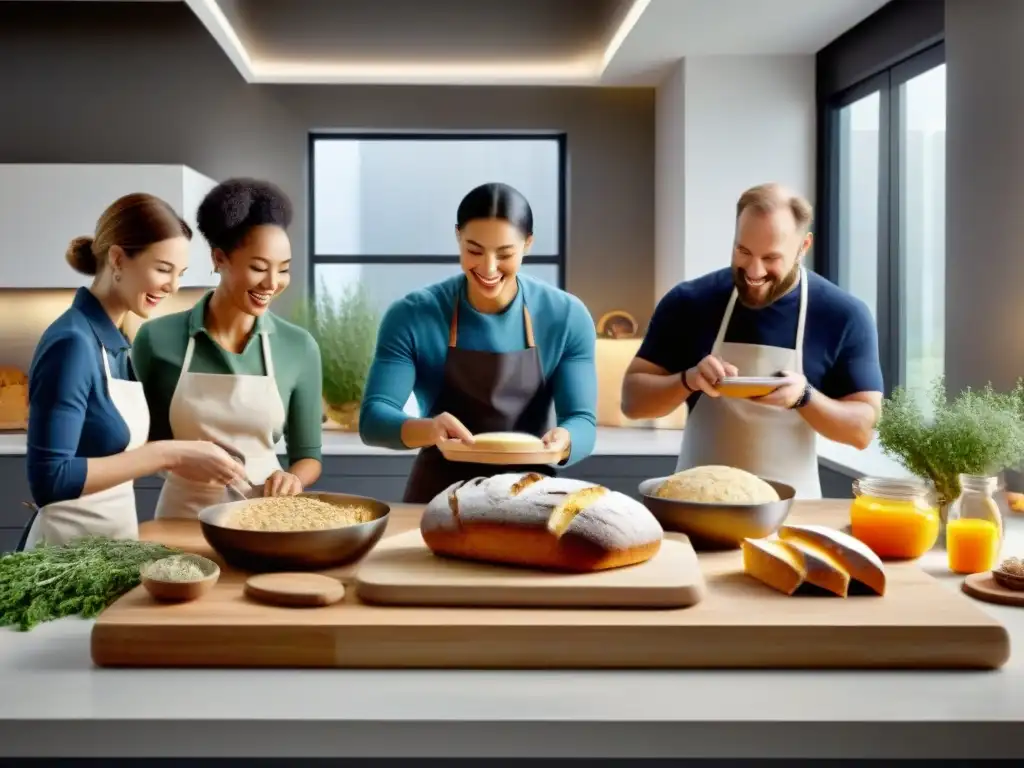 Un grupo diverso preparando recetas innovadoras de pan sin gluten en una cocina moderna y luminosa