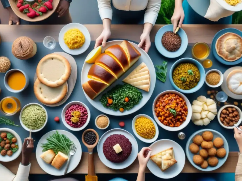 Un grupo diverso disfruta de recetas innovadoras en una mesa colorida y exuberante