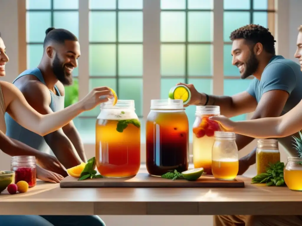 Grupo diverso disfruta de recetas kombucha sin gluten en animada reunión alrededor de mesa de madera con frutas y hierbas frescas