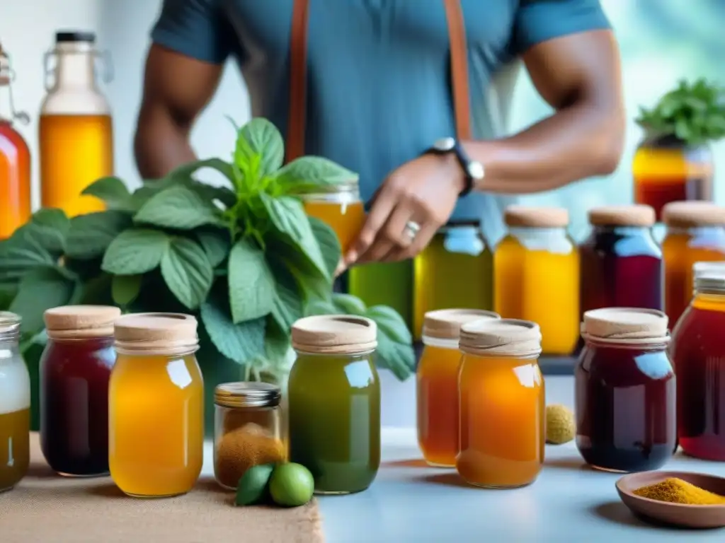 Un grupo diverso personaliza recetas kombucha sin gluten alrededor de la mesa