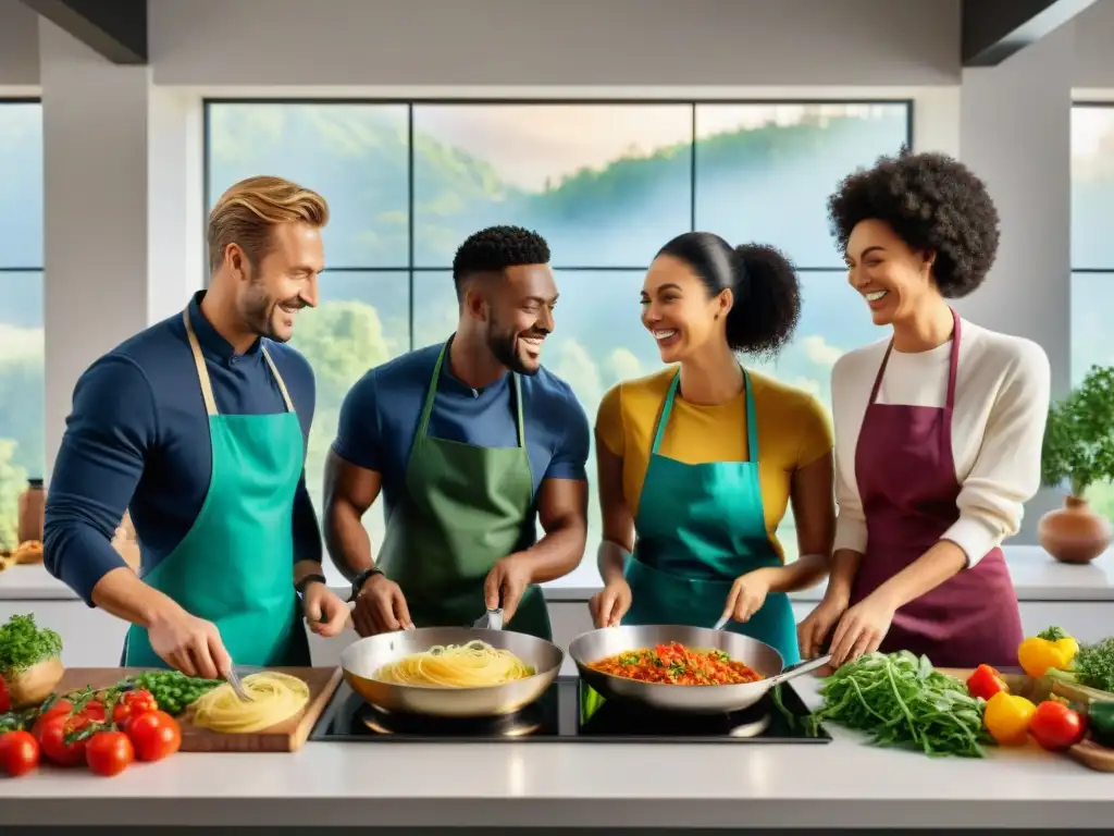 Grupo diverso cocina recetas lasañas canelones sin gluten en cocina moderna y luminosa, transmitiendo alegría y creatividad culinaria