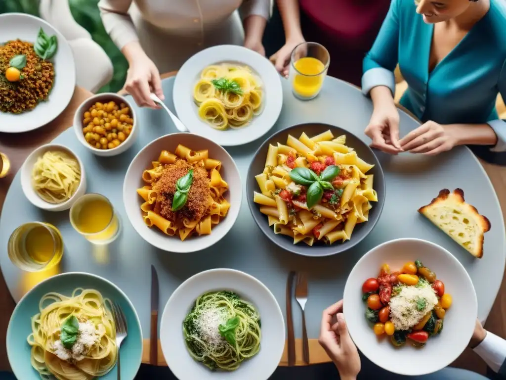 Grupo diverso disfruta de recetas de pastas sin gluten en mesa colorida y elegante, iluminada con calidez