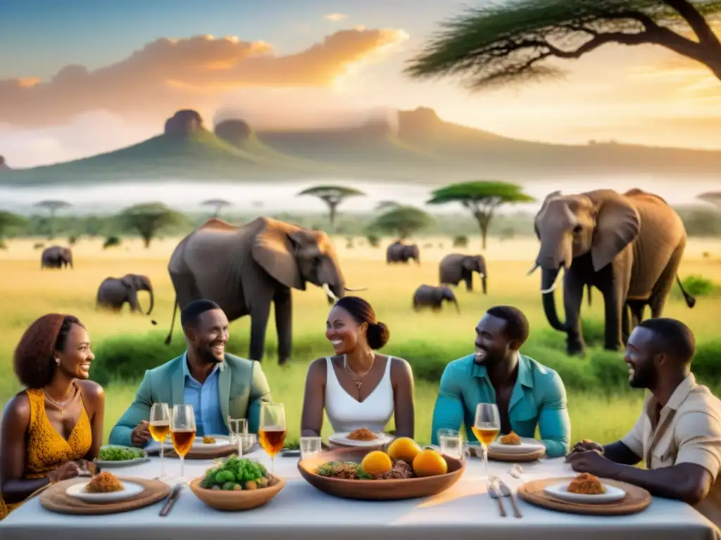 Un grupo diverso disfruta de un safari sin gluten en África, rodeados de naturaleza y cultura