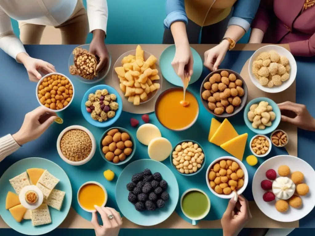 Grupo diverso disfruta de snacks sin gluten crujientes innovadores en cálida y vibrante reunión