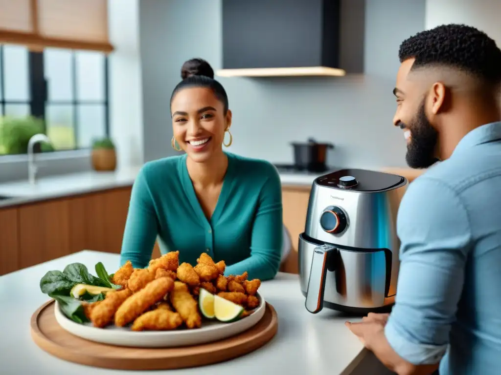 Un grupo diverso disfruta de snacks sin gluten en una cocina moderna, reflejando comunidad y vida saludable