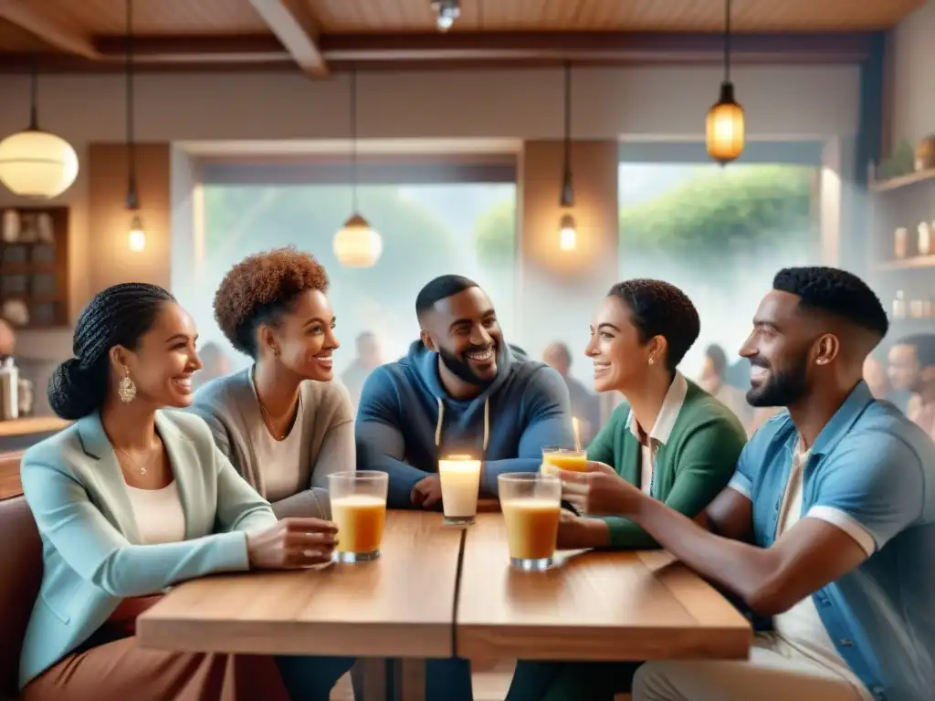 Un grupo diverso comparte snacks sin gluten en un café acogedor, transmitiendo apoyo y camaradería