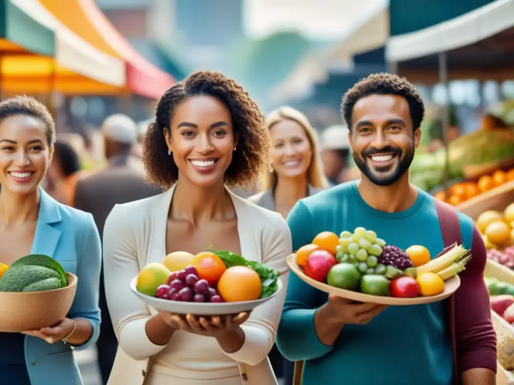 Grupo diverso sonriente, alimentos clave gluten microbiota intestinal en mercado vibrante