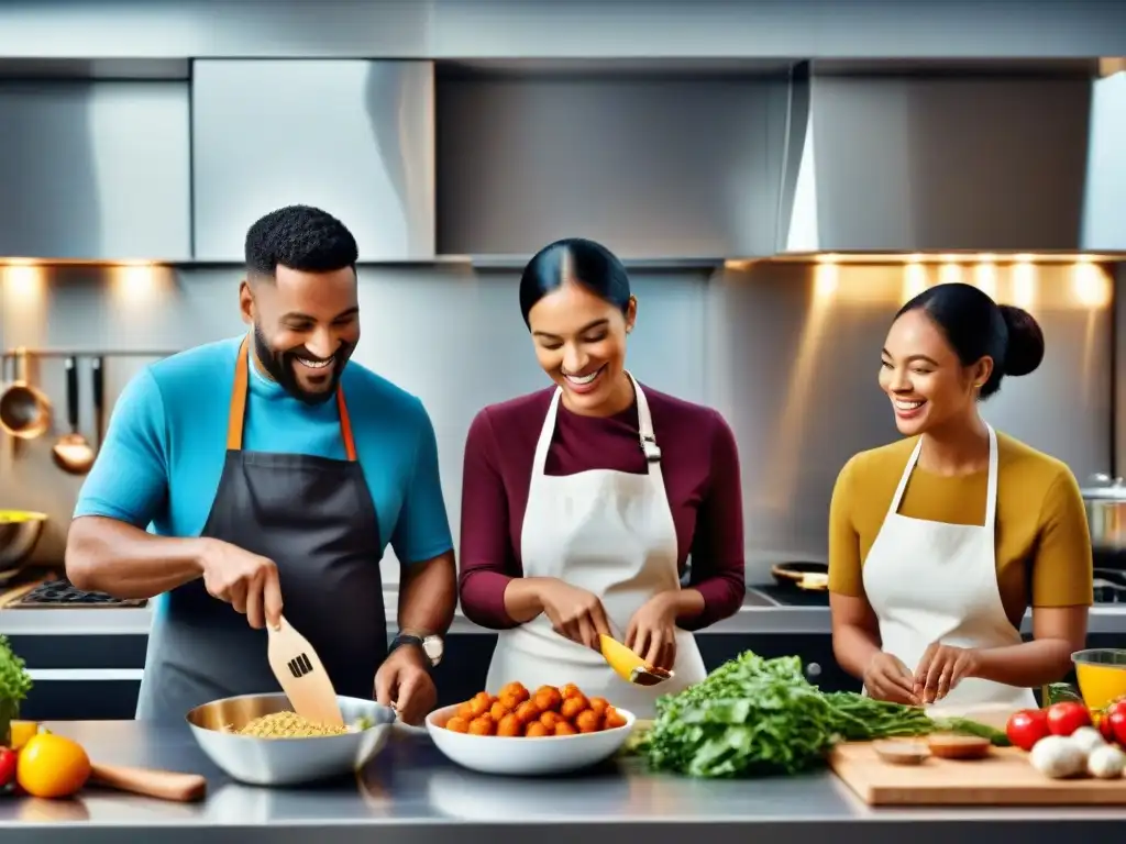 Un grupo diverso y sonriente cocina junto en una moderna cocina equipada, evocando la planificación de comidas sin gluten personalizada