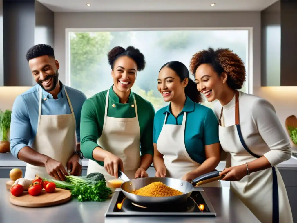 Cocina sin gluten: Comunidad, éxito y camaradería Un grupo diverso y sonriente cocina sin gluten, compartiendo trucos en una cocina moderna